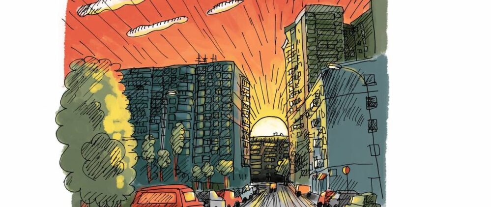Barcelone avec le coucher de soleil en dessin et des batiments autour meilleurs films du Festival d'Annecy 2023