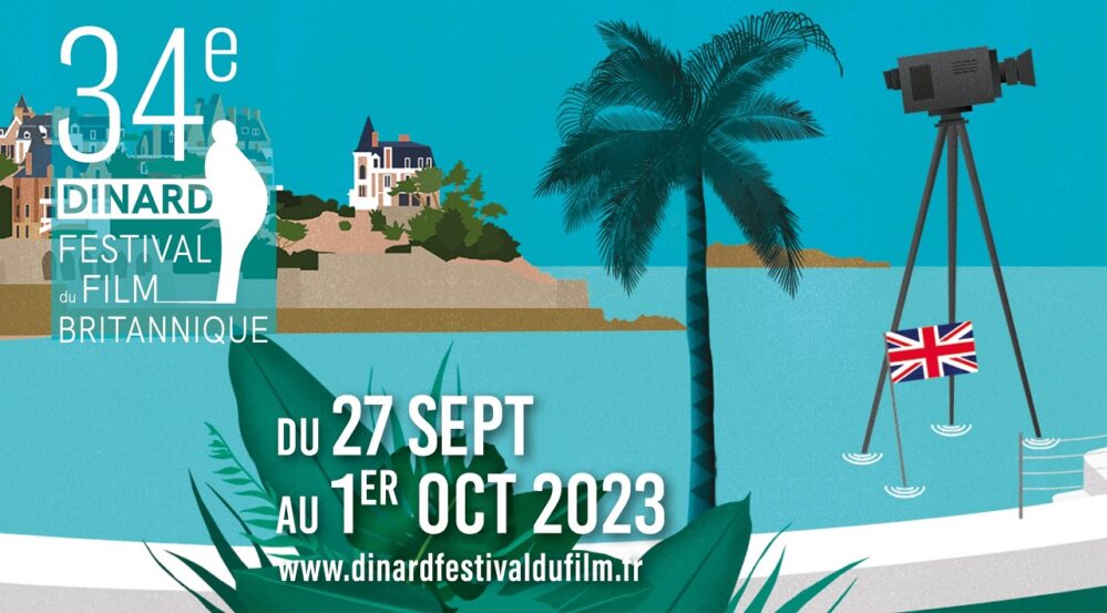 Affiche bleue du festival de Dinard avec les dates, dessin de la ville 