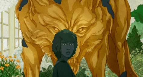 Devant un immense et terrifiant loup qui semble fait d'or, Hélène semble figée, observée, mais par quelque chose d'invisible, d'autrement plus grand et plus menaçant