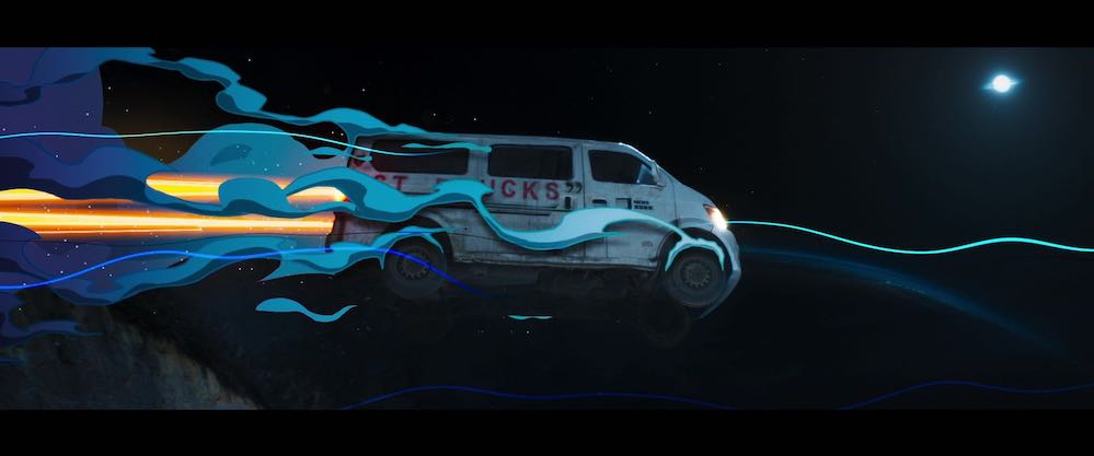 Mélangeant prises de vue réelle et animation 2D, une camionnette s'échappe et semblant voler